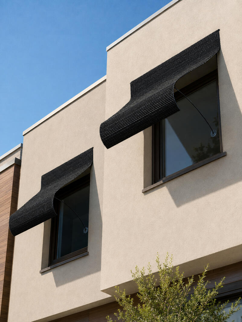 Concept: UnBeam for Rental Units. Concept rendering of an UnBeam awning shading a window on a residential apartment unit.